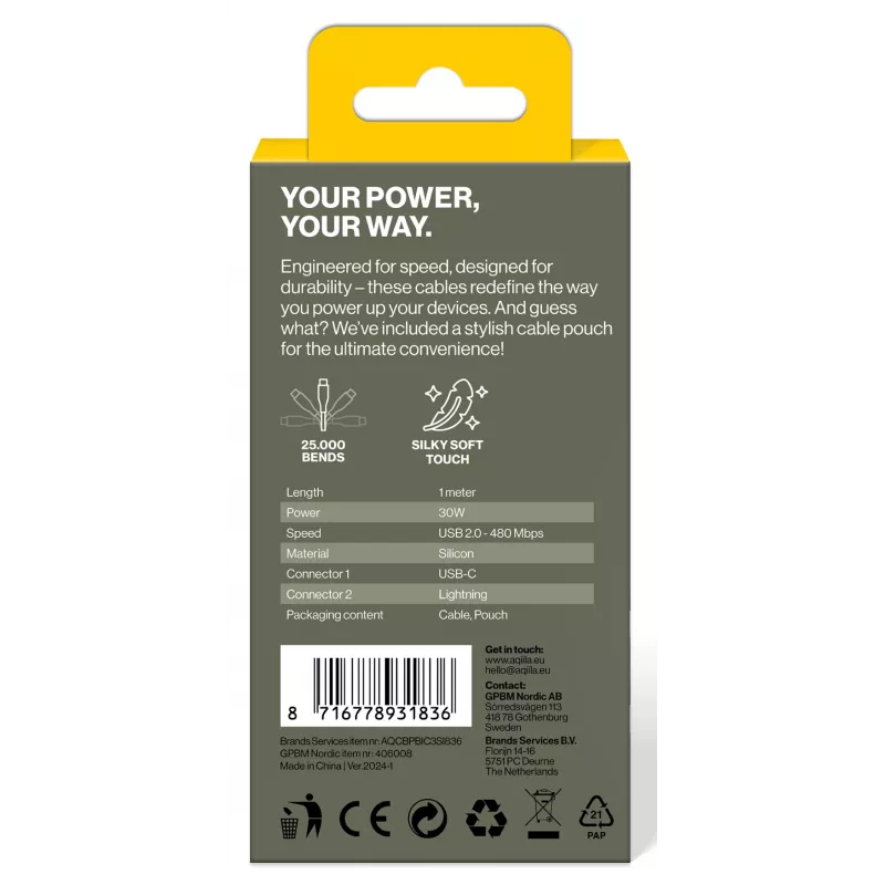 AQIILA 3SI836 USB-C auf Lightning Lade- und Synchronisierungskabel 1m AQCBPBIC3SI836