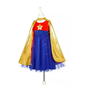 Souza! Superheldin Kostüm Kleid mit Umhang, Pink/Gold/Blau, 5-7 Jahre (116-128 cm)