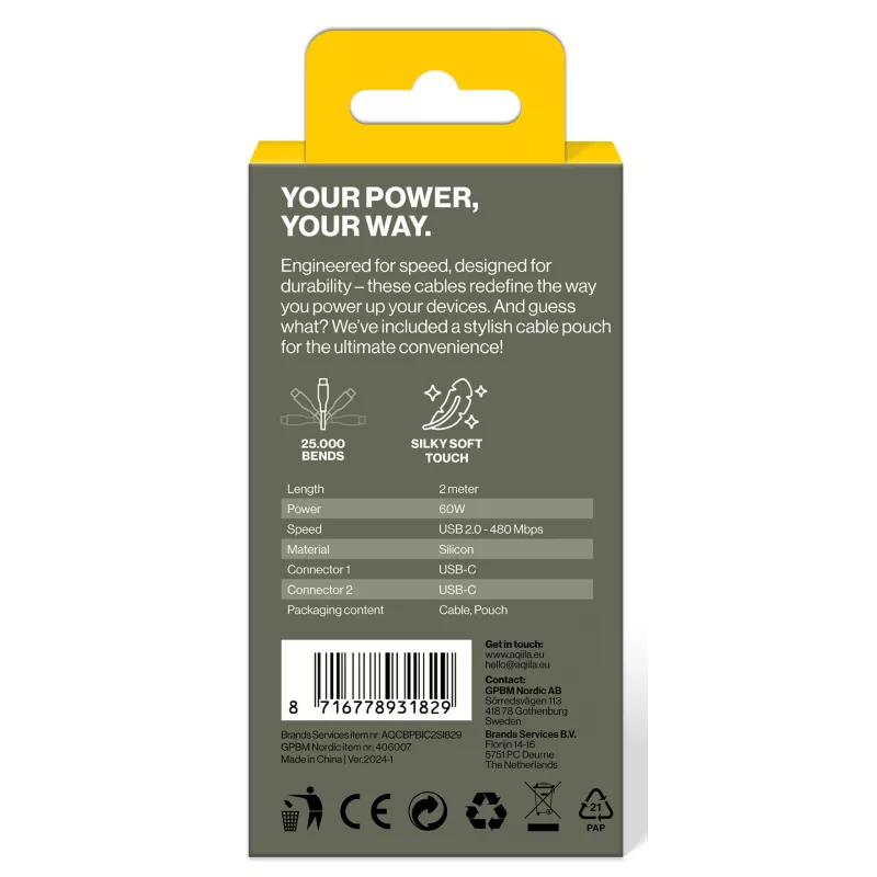 AQIILA Cablebird CS12 USB-C auf USB-C Lade- und Synchronisierungskabel 2m 60W Schwarz AQCBPBIC2SI829