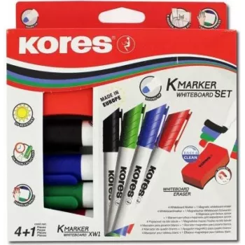 Kores Whiteboard-Marker-Set, 4 Marker + Radierer, Rundspitze, 3,0 mm, schnelltrocknend, verschiedene Farben M20863