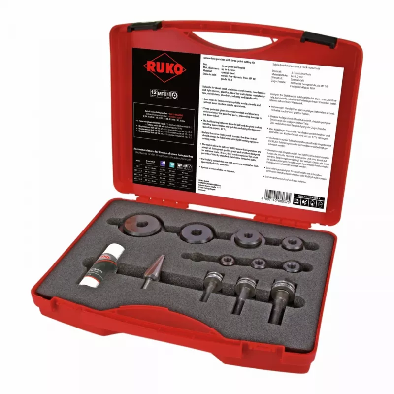 RUKO 109008K Schraublochstanzen-Set mit Kugellager, 12-teilig, im Kunststoffkoffer