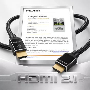 LogiLink HDMI-Kabel A/M zu A/M 8K/60Hz 48Gbps Metall Nylon Zertifiziert Schwarz 2m
