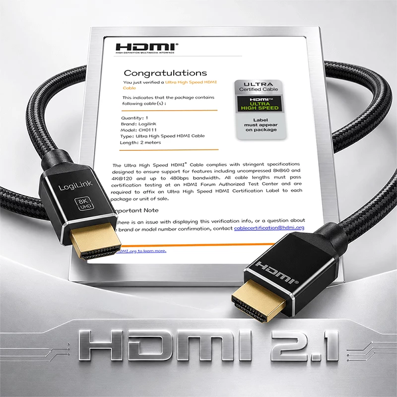 LogiLink HDMI-Kabel A/M zu A/M 8K/60Hz 48Gbps Metall Nylon Zertifiziert Schwarz 2m