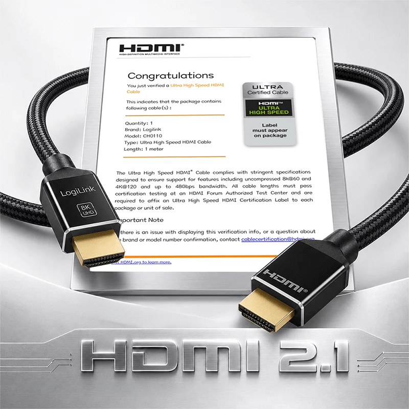 LogiLink HDMI-Kabel 8K/60 Hz 48 Gbps Metall Nylon Zertifiziert Schwarz 1 m