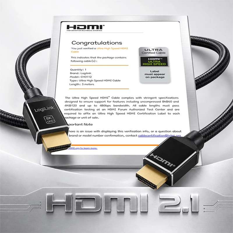 LogiLink HDMI-Kabel, A/M zu A/M, 8K/60 Hz, 48 Gbps, Metall, Nylon, Zertifiziert, Schwarz, 3 m