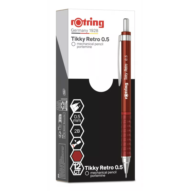 Rotring Tikky Retro Mechanikbleistift 0,5 mm Rot verchromte Hülse Gummi-Griffzone 2202568