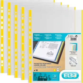 ELBA Dokumentenhüllen DIN A4 mit farbigem Rand, PP, gelb, 0,09 mm, kristallklar, oben offen, Eurolochung, 100er Pack (971619-08)