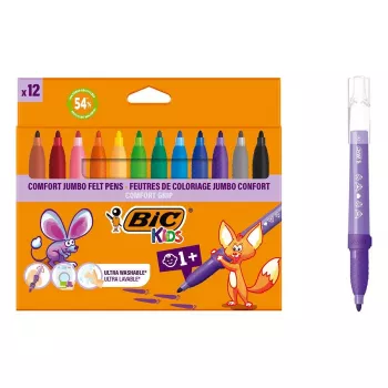 BIC KIDS Comfort Jumbo Filzstifte, verschiedene Farben, 12er-Pack, 1,4 mm Spitze, waschbar 517250