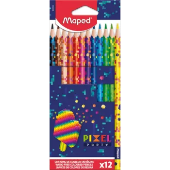 Maped PIXEL PARTY Dreieckige Buntstifte, 12 verschiedene Farben, weiche bruchfeste Mine, Pixel-Muster-Schaft, Kartonetui 862204