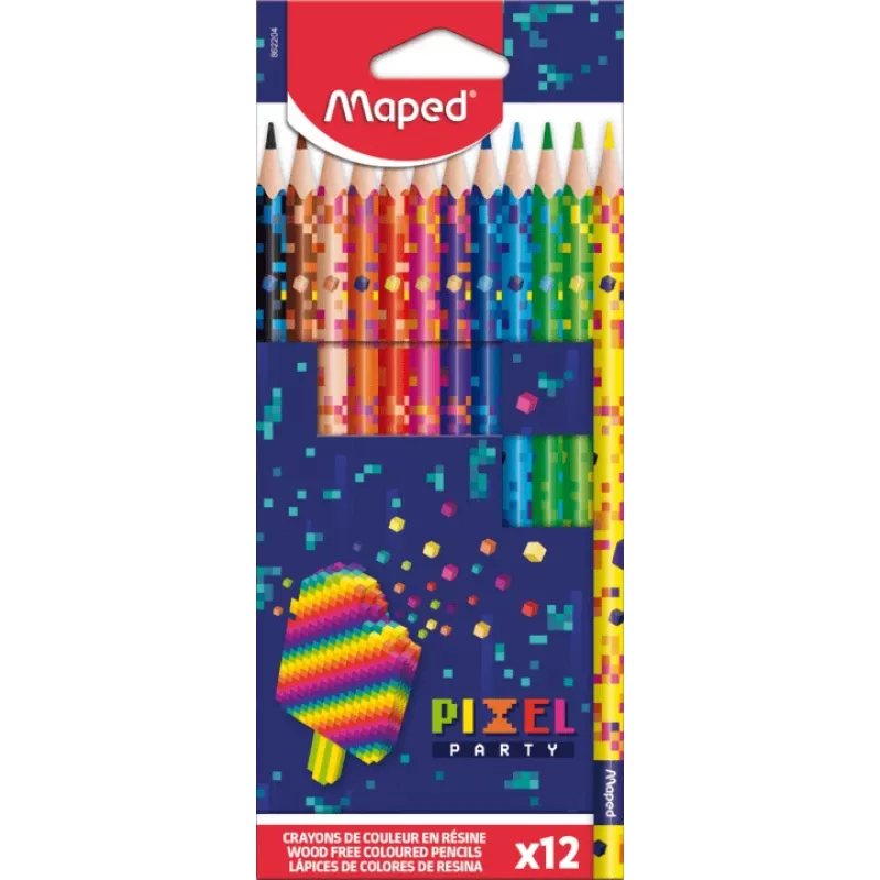 Maped PIXEL PARTY Dreieckige Buntstifte, 12 verschiedene Farben, weiche bruchfeste Mine, Pixel-Muster-Schaft, Kartonetui 862204