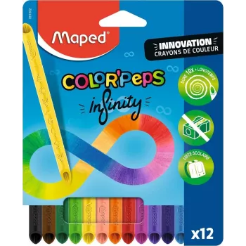 Maped COLOR'PEPS INFINITY Dreieckiger Buntstift-Set, 12 verschiedene Farben, hält 10x länger, 100% Pigmentkern, wiederverwendbare Hülle 861602