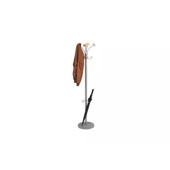 MAUL Stily Garderobenständer mit Schirmhalter, Silber, Holzhaken, 8 Haken, 1750 mm 9403270
