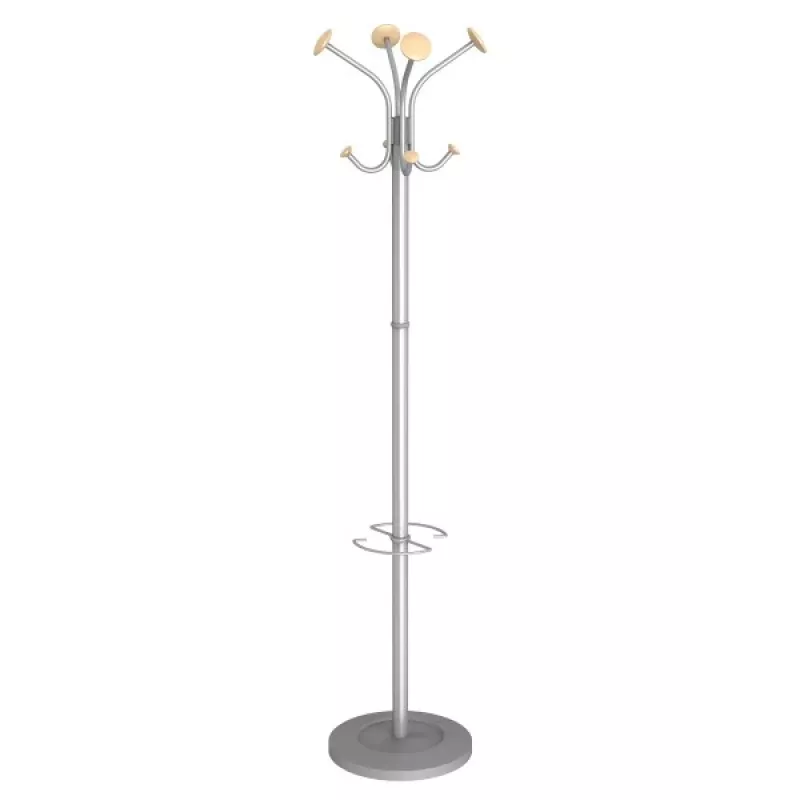 MAUL Stily Garderobenständer mit Schirmhalter, Silber, Holzhaken, 8 Haken, 1750 mm 9403270
