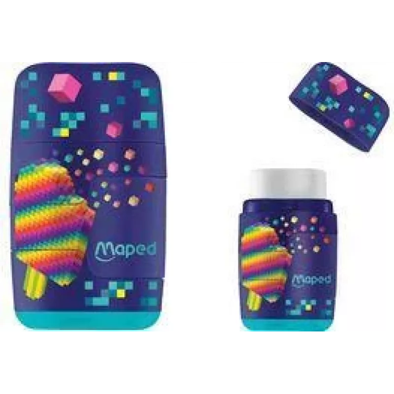 Maped Pixel Party Radierer & Spitzer Kombi, Doppelloch, durchsichtiger Spänebehälter, verschiedene Farben 049223