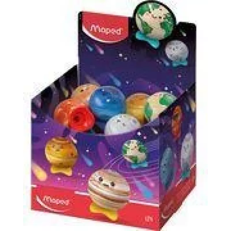 Maped Planet Metall-Anspitzer mit Behälter, verschiedene Designs, Displaybox mit 24 Stück 051102EU