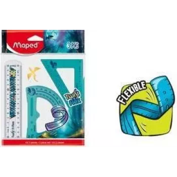 Maped Twist'n Flex Dragon Geometrie-Set, 3-teilig, flexibler Kunststoff, unzerbrechlich, 15 cm Lineal, 180° Winkelmesser, 45°/45°/90° Geodreieck 981898