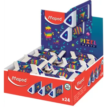 Maped Pyramide PIXEL PARTY Kunststoff-Radiergummi, Weiß, Phthalat- & PVC-frei, Dreieckiger Querschnitt, 24er-Displaybox 119523