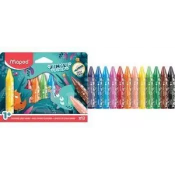 Maped Jungle Fever Jumbo Dreieckige Wachsmalstifte, 12 verschiedene Farben, Tiermotive, Kartonetui, ab 1 Jahr
