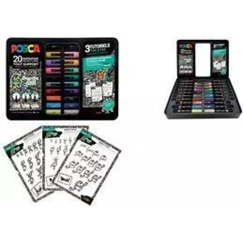 POSCA Pigment Marker Doodle Art Set, 20 Marker in Metallbox (6 x PC1MC, 7 x PC3M, 7 x PC5M) M POSCA/20 021