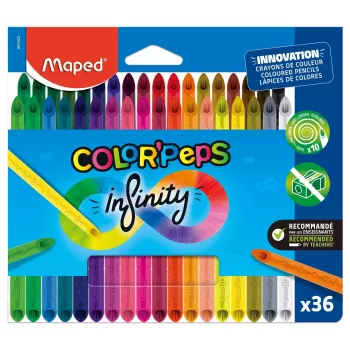 Maped COLOR'PEPS INFINITY Dreieckige Buntstifte, 36 verschiedene Farben, holzfrei, 100% Pigmentkern, 10x länger haltbar, ergonomisches Etui 861623