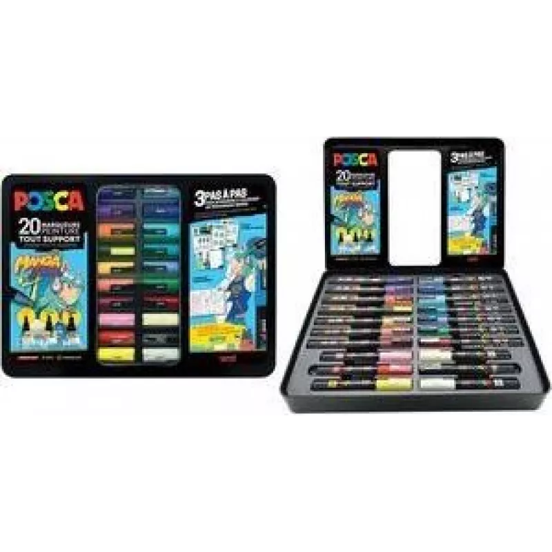 POSCA Pigment Marker MANGA HERO Set, 20 Marker in Metallbox (6 x PC1MC, 7 x PC3M, 7 x PC5M) M POSCA/20019