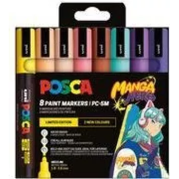 POSCA PC-5M Pigmentmarker-Set, 8 Farben, Manga Hero, Mittlere Rundspitze, Wasserfest, Lichtbeständig, Geruchlos PC5M/8APF ASS74