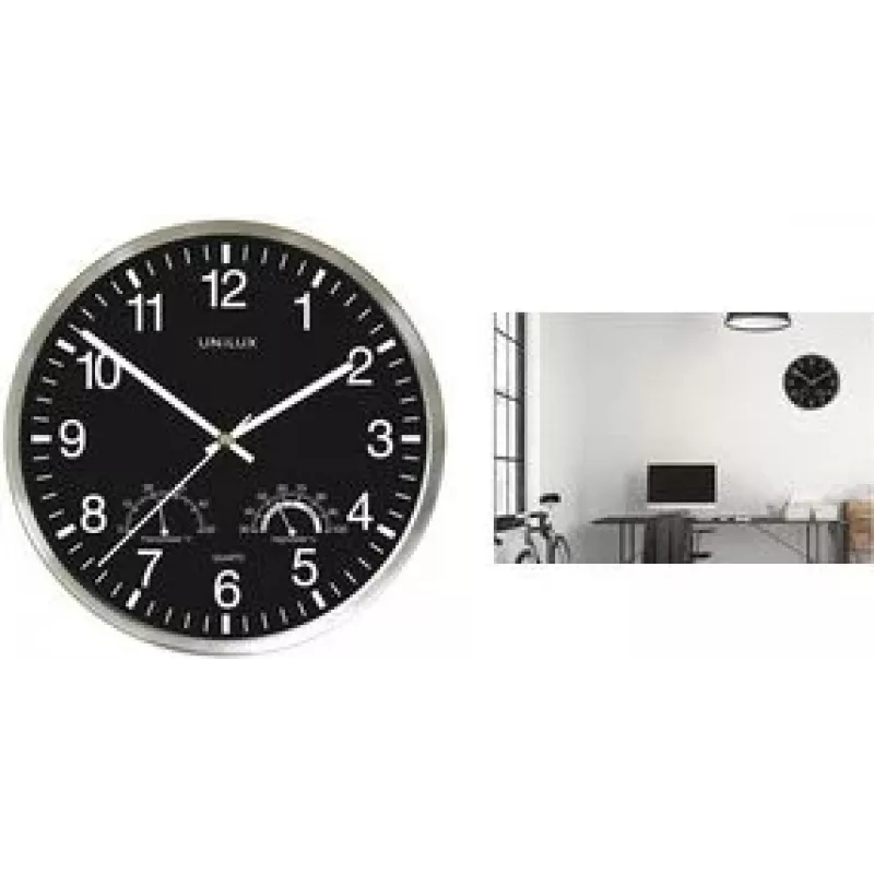 UNILUX WETTY Wanduhr 300 mm Schwarz mit Thermometer und Hygrometer 400140807