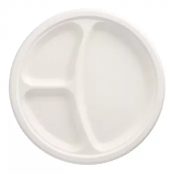 PAPSTAR pure Zuckerrohr-Teller, rund, 260 mm, 3 Fächer, kompostierbar, mikrowellengeeignet, 1 Stück 89739
