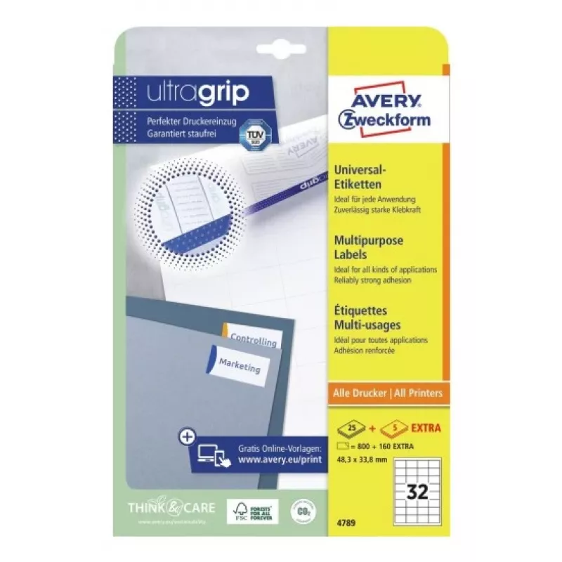 AVERY Universaletiketten 48,3 x 33,8 mm Weiß mit UltraGrip Technologie (Packung mit 480) 4789