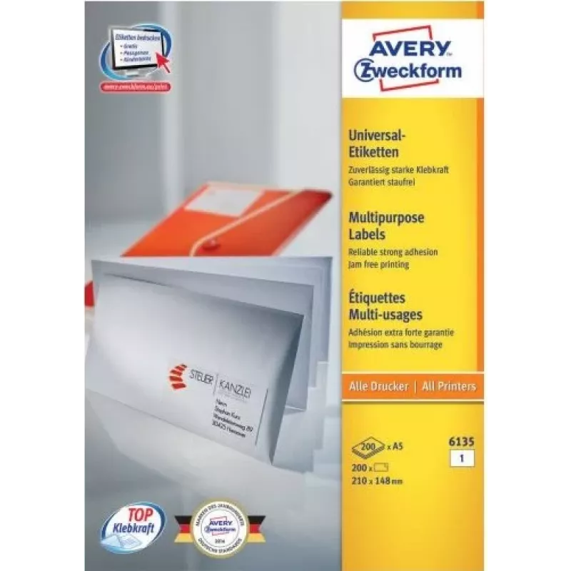 Avery 6135 Weißes Papier Permanent Klebeetiketten A4 210 x 148 mm 200 Etiketten