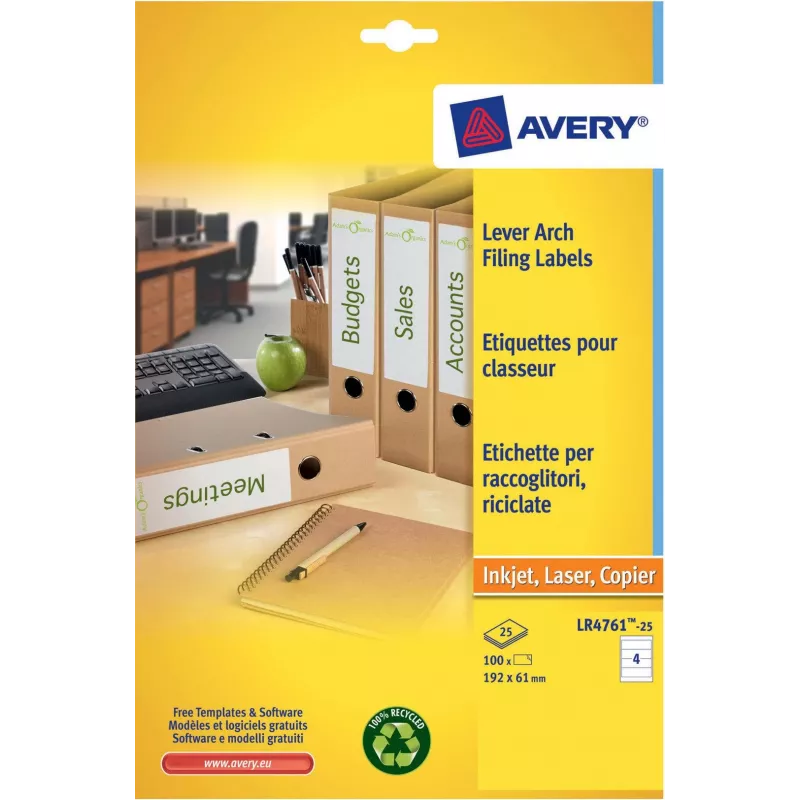 Avery LR4761-25 Weiße Aktenetiketten 61 x 192 mm 100 Etiketten (25 Blatt x 4)