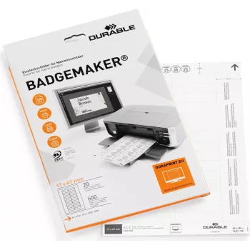 DURABLE BADGEMAKER® Einlegeetiketten 67 x 17 mm, Weiß, 400 Etiketten, A4-Blätter, für Tintenstrahl- & Laserdrucker 146102