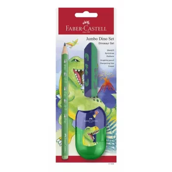 Faber-Castell Dino Jumbo Schreibset, Grün, 3 Stifte, 3 mm Mine, Ergonomisch Dreieckig, Bruchfest, Ab 3 Jahren 111529