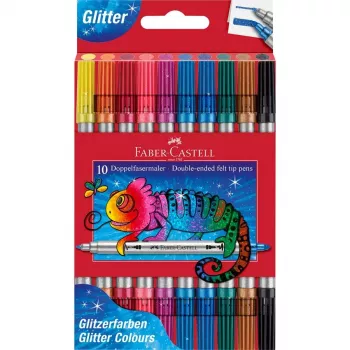 FABER-CASTELL Glitzer Doppelspitzen-Faserstifte, 10 verschiedene Farben, waschbar, 3-5 mm & 1 mm Spitzen 151107