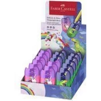 FABER-CASTELL Doppel-Spitzer Box Dino/Einhorn, Display mit Spänebehälter für einfaches und sauberes Spitzen, 18 Stück (183551)