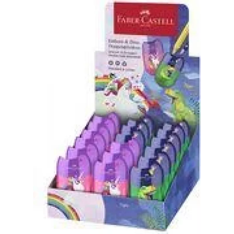 FABER-CASTELL Doppel-Spitzer Box Dino/Einhorn, Display mit Spänebehälter für einfaches und sauberes Spitzen, 18 Stück (183551)