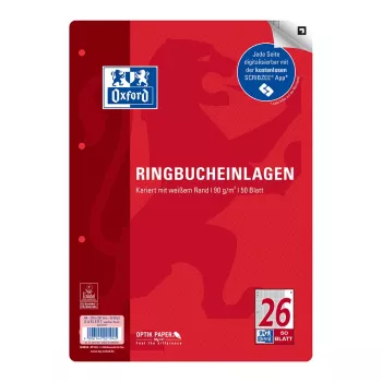 Oxford Ringbuch Einlagepapier A4 kariert 50 Blatt 4-fach gelocht mit Rand Weiß 400131580