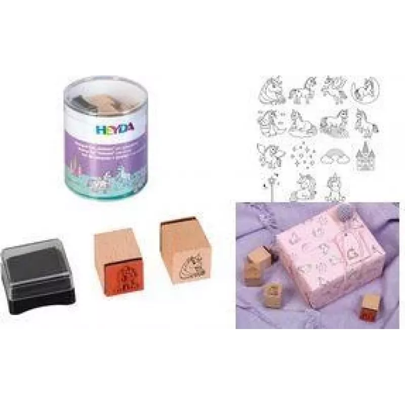 HEYDA Einhorn-Motivstempel-Set, 15 klare Stempel in runder Dose 204888439