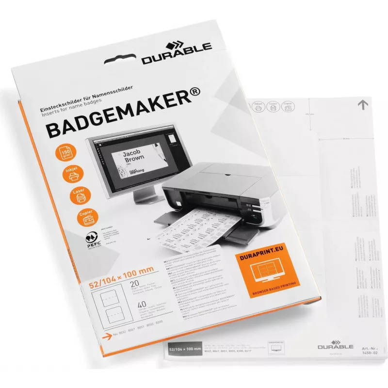 DURABLE BADGEMAKER Einlegeetiketten 52 x 100 mm, Weiß, 100 Stück 145802