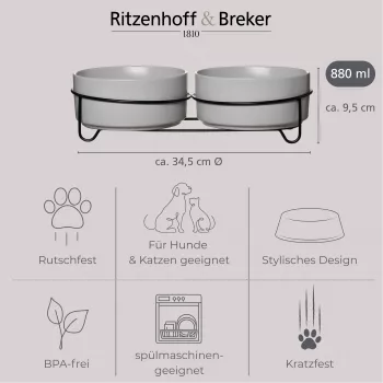 Ritzenhoff & Breker TARO Doppelter Hundenapf-Set, 880 ml, graues Steingut mit schwarzem Metallständer 450521