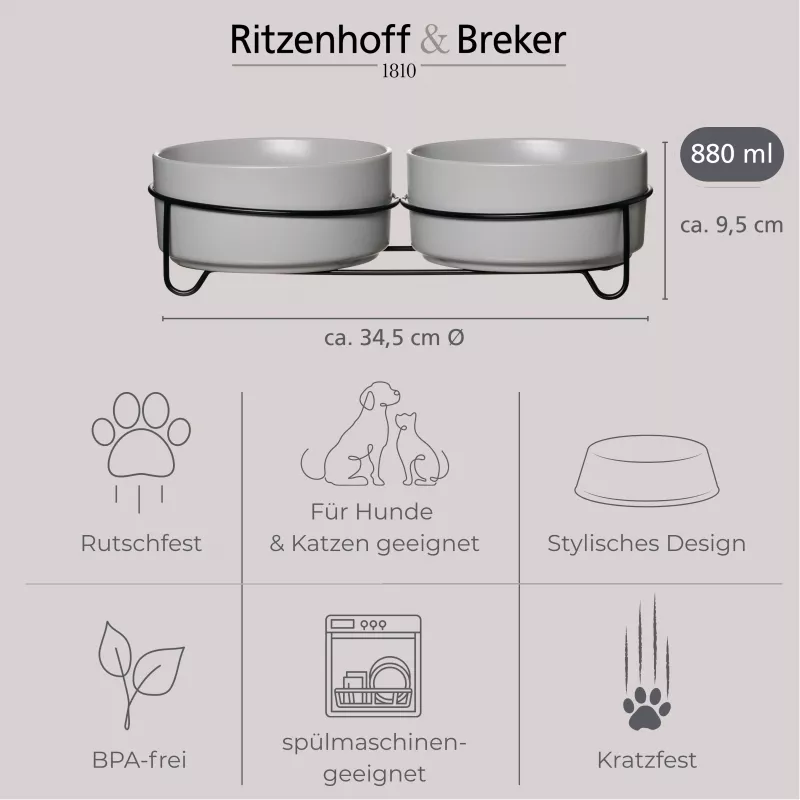 Ritzenhoff & Breker TARO Doppelter Hundenapf-Set, 880 ml, graues Steingut mit schwarzem Metallständer 450521
