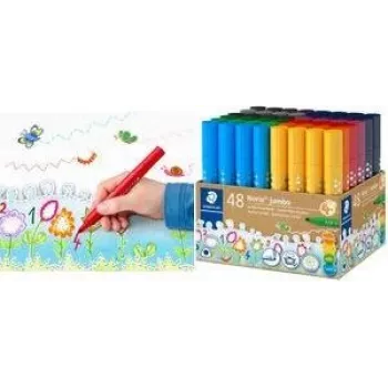 STAEDTLER Noris Jumbo 328-B KP48 Filzstifte, 48 verschiedene Farben, 3,0 mm Fasermine, Dreikantform, auswaschbare Tinte, belüftete Kappe, wiederverwendbarer Becher