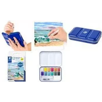 STAEDTLER 888M M12-C Metallic Aquarellfarben-Set, 12 Farben im Metallkasten mit Mischpalette und Fingerring