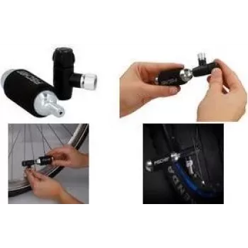 FISCHER Fahrrad-Handpumpe mit CO2-Inflator, Universal-Ventilkopf für Schrader, Dunlop, Presta, 8 bar, Schwarz/Silber 50392