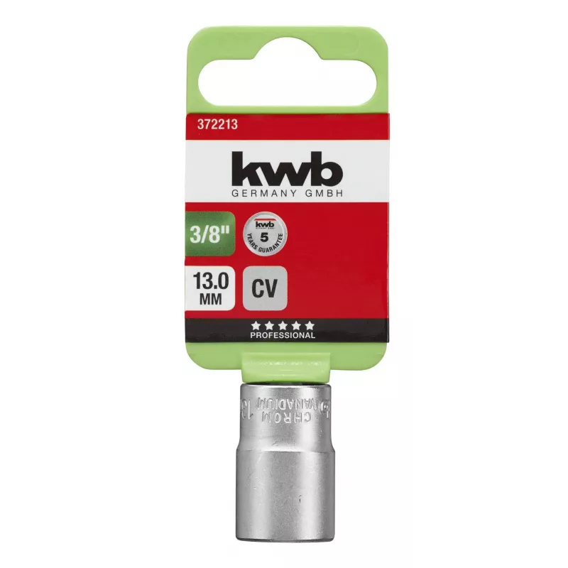 KWB 372213 3/8 Zoll Antrieb 13 mm 6-Kant Chrom-Vanadium-Steckschlüssel