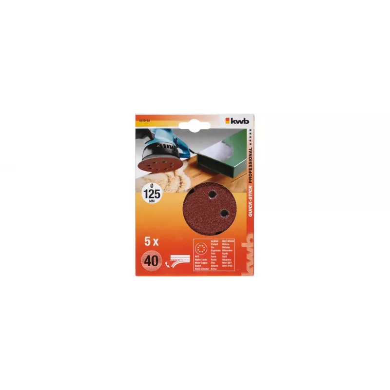 kwb 491904 Schleifscheiben 125 mm P40 5er-Pack Klettverschluss 8-Loch