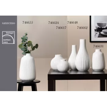 Ritzenhoff & Breker SANREMO Weiße Steingut-Blumenvase 2er-Set, 240 mm, Dekorative Rillenstruktur 746655