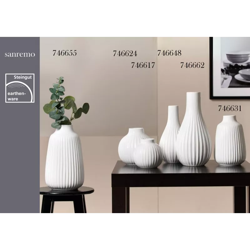 Ritzenhoff & Breker SANREMO Weiße Steingut-Blumenvase 2er-Set, 240 mm, Dekorative Rillenstruktur 746655