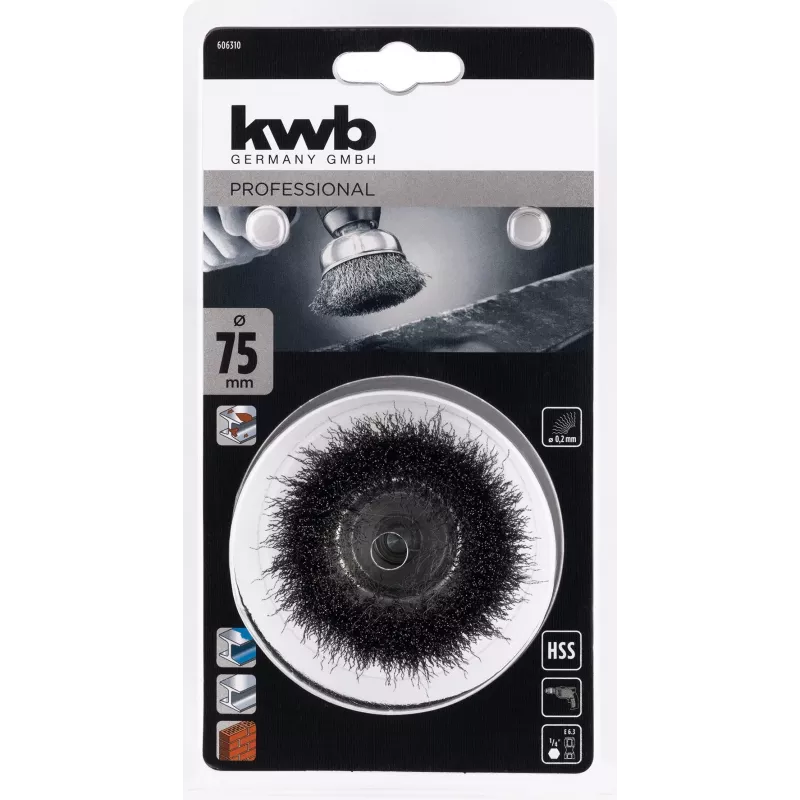 kwb Drahtbürste Topf 75 mm, 0,2 mm gewellter Stahl, 6 mm Schaft für Metall und Stein 606310