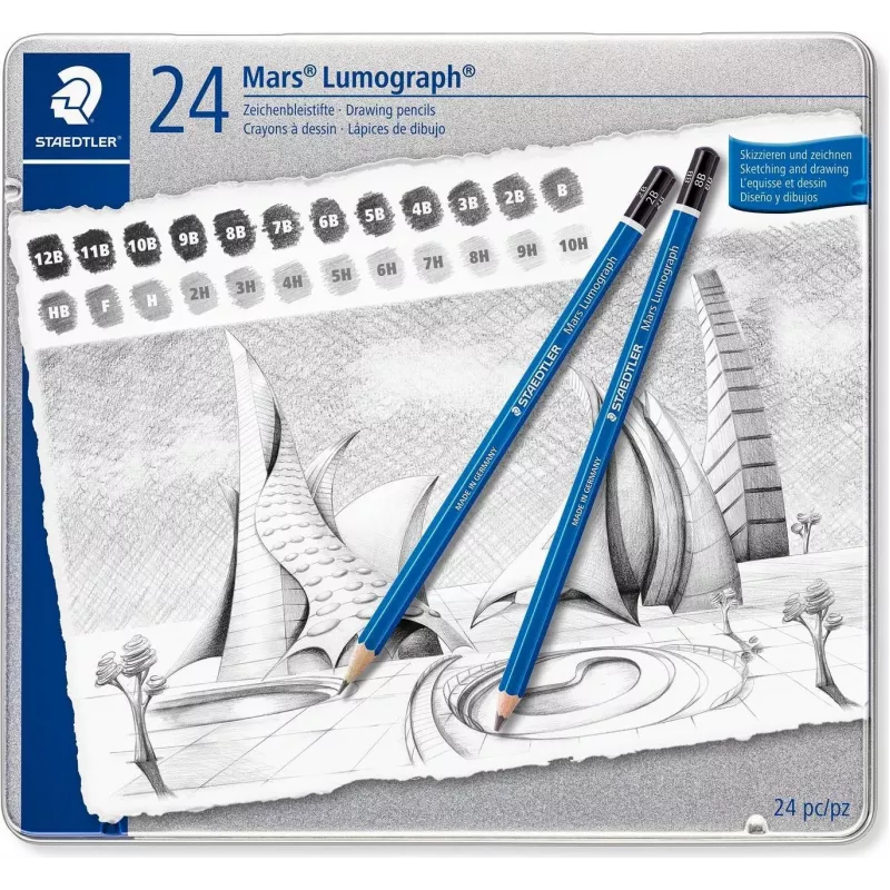 STAEDTLER Mars Lumograph 100 G24 Zeichenstift-Set, 24 verschiedene Härtegrade in Metalldose, blau sechseckig